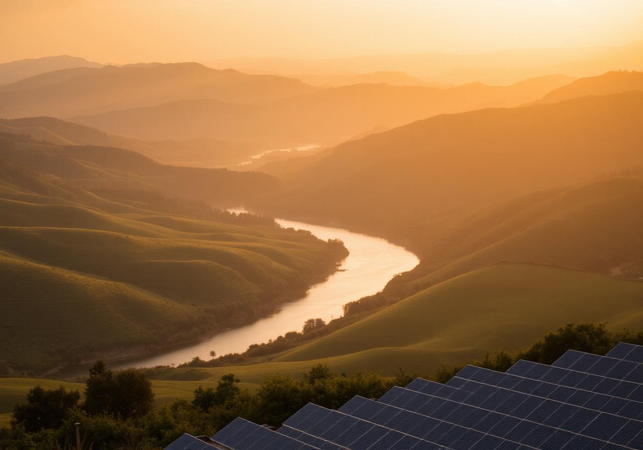 Rolling green hills with a winding river and solar panels at golden hour
